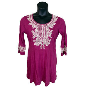 Soft Surroundings Pink Tunic Dress Embellished Sz Small Stretch Cotton Knit Boho